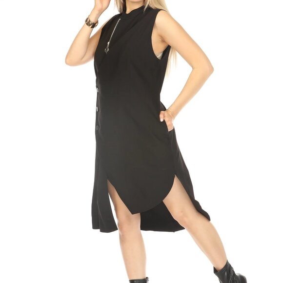 Black Button Detailed Dress With Zipper - Picture 3 of 5